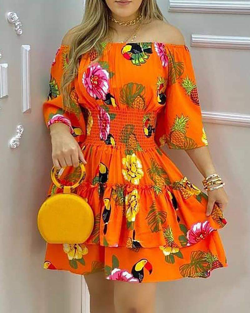 Tropical Print Off Shoulder Casual Dress