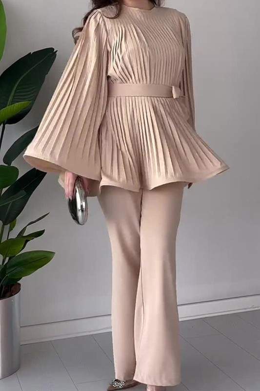 PLEATED SLEEVES TOP PANTS SET