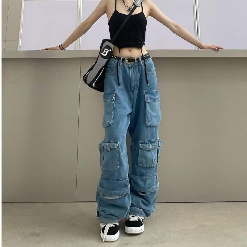 STREET HIPSTER FASHION STITCHING MULTI POCKET OVERALLS STREET WASHED DISTRESSED LONG WIDE LEG PANTS