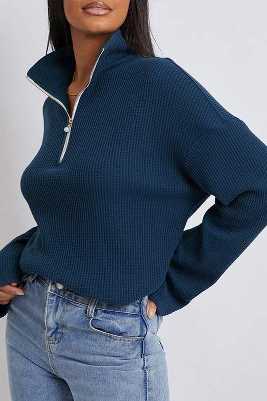 WAFFLE KNIT ZIP PULLOVER