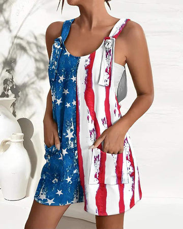 INDEPENDENCE DAY FLAG PRINT POCKET DESIGN SUSPENDER ROMPER