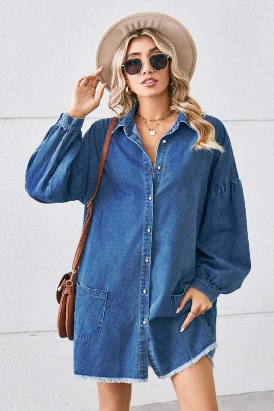 DENIM FRAYED HEM MINI DRESS