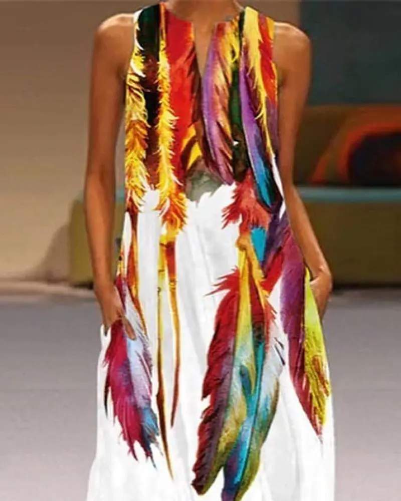 COLORFUL FEATHER PRINT POCKET DECOR MAXI DRESS