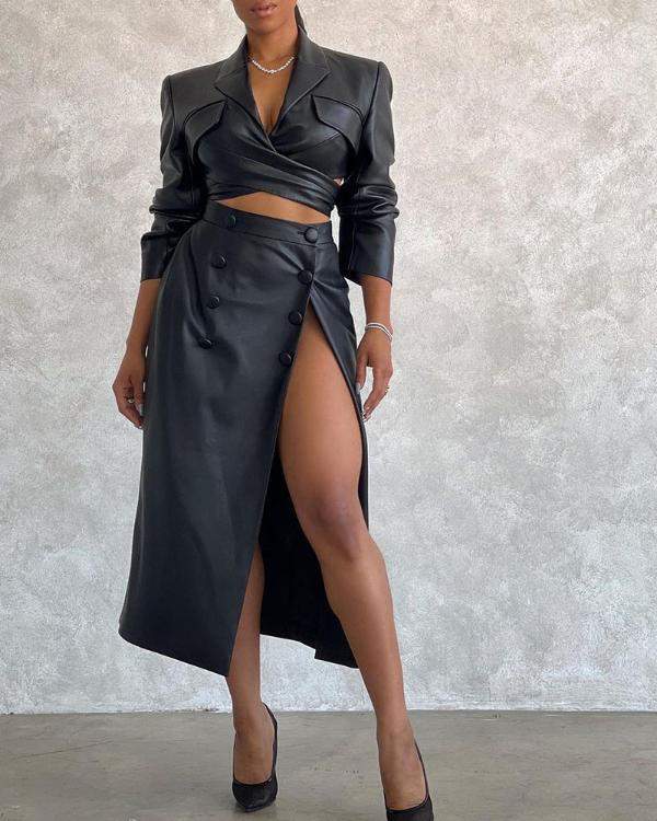 PU Leather Blazer Coat High Slit Maxi Skirt Set