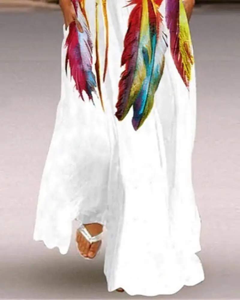 COLORFUL FEATHER PRINT POCKET DECOR MAXI DRESS