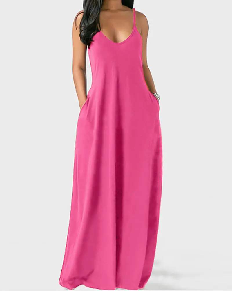 POCKET DESIGN V NECK SPAGHETTI STRAP MAXI DRESS