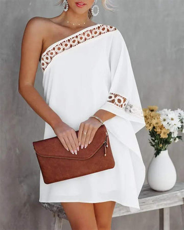 CONTRAST LACE ONE SHOULDER CASUAL DRESS