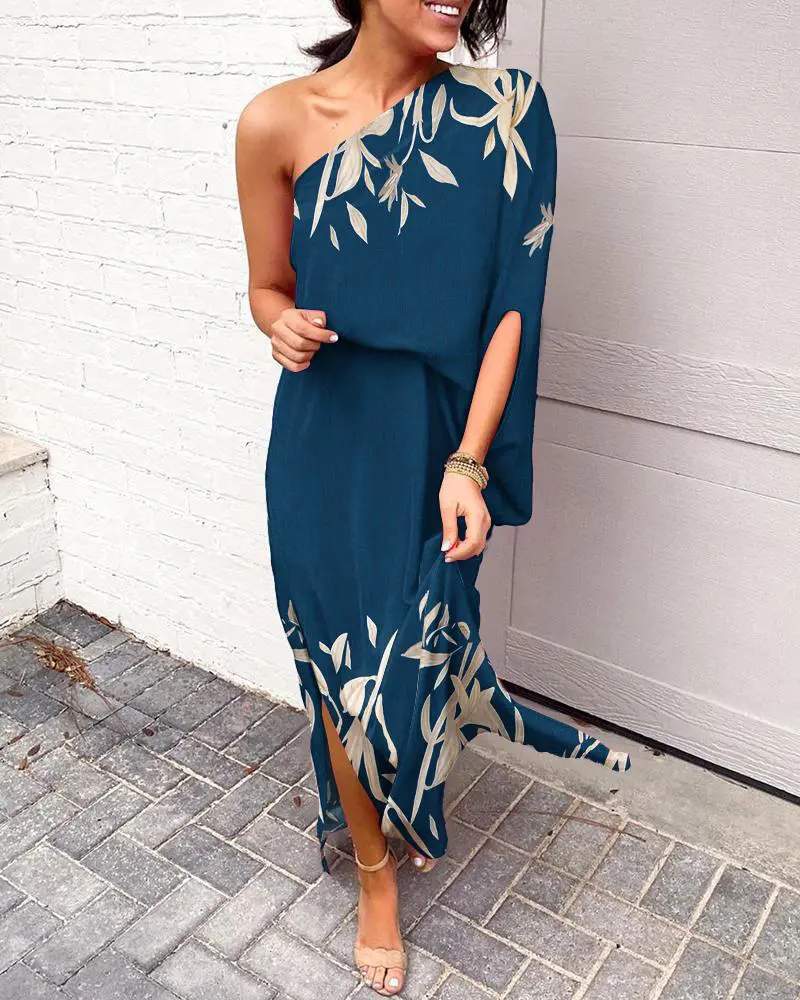 PLANTS PRINT ONE SHOULDER SPLIT HEM MAXI DRESS