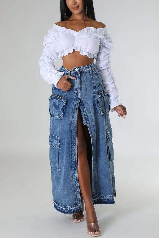 DENIM CARGO SPLIT LONG SKIRT