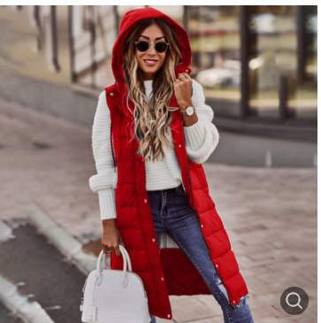 HOODED SLIM TEMPERAMENT SLEEVELESS LONG COTTON PADDED JACKET VEST COAT