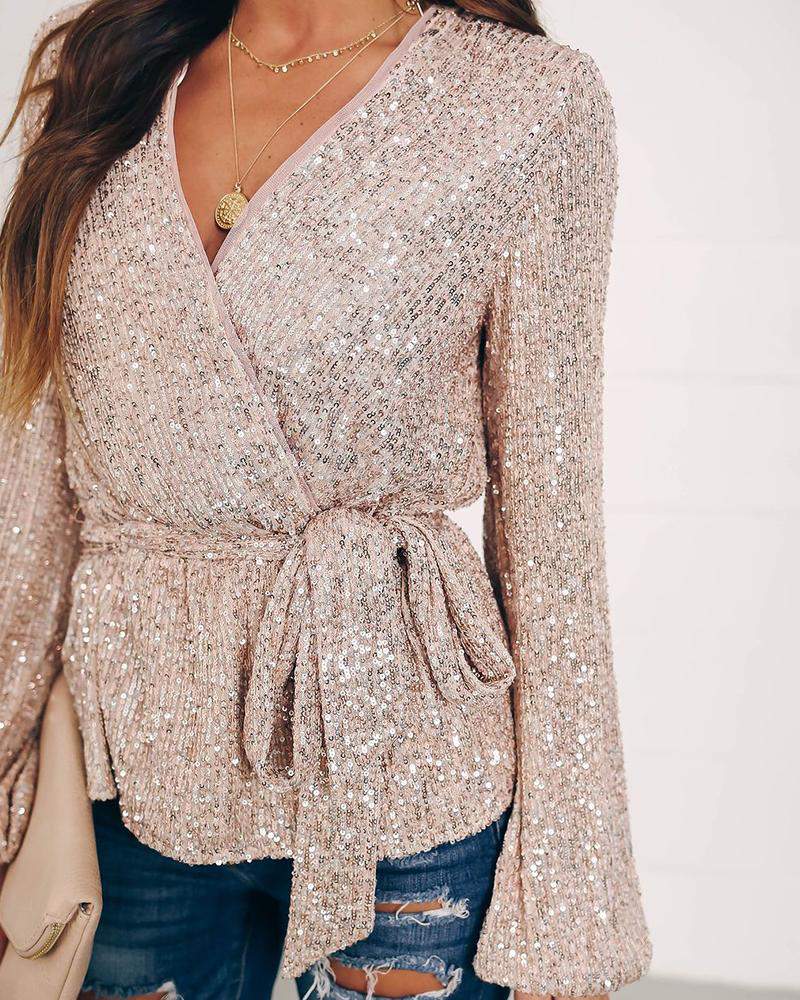 TIED DETAIL LANTERN SLEEVE ALLOVER SEQUINS TOP