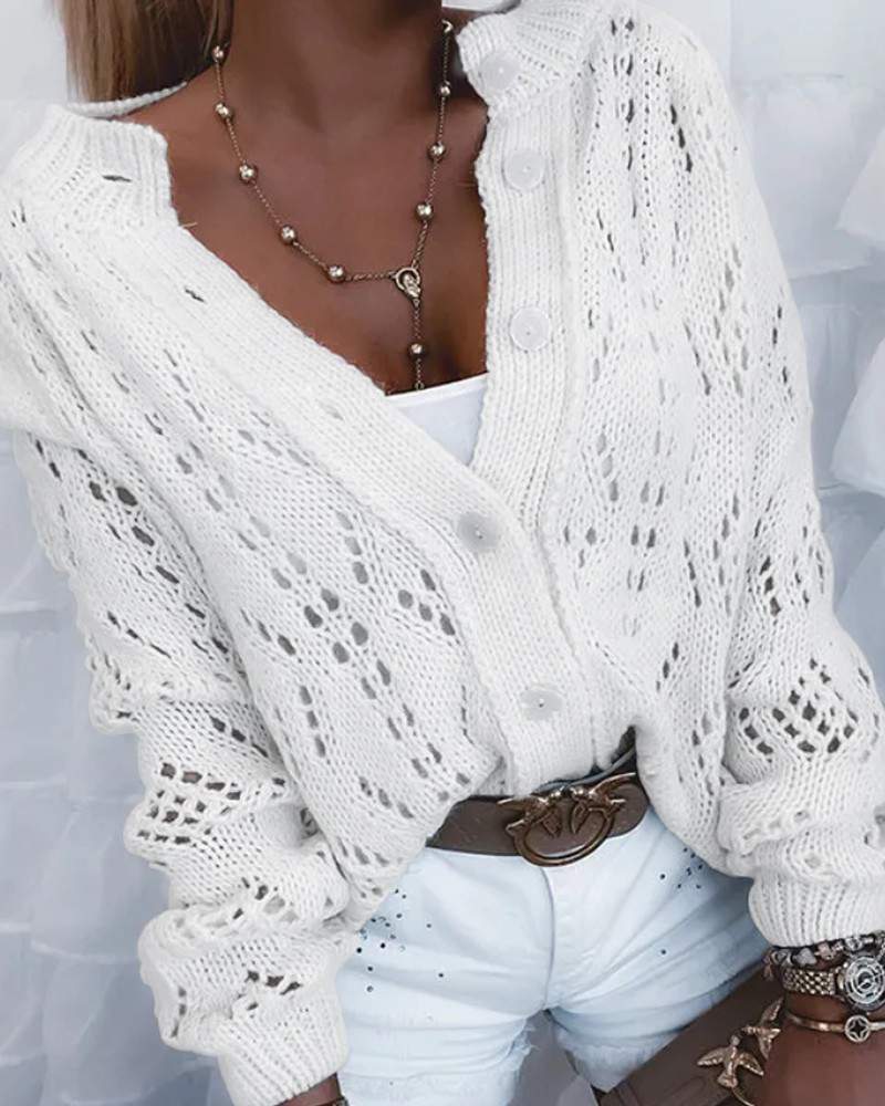 Solid Open Knit Button Up Cardigan