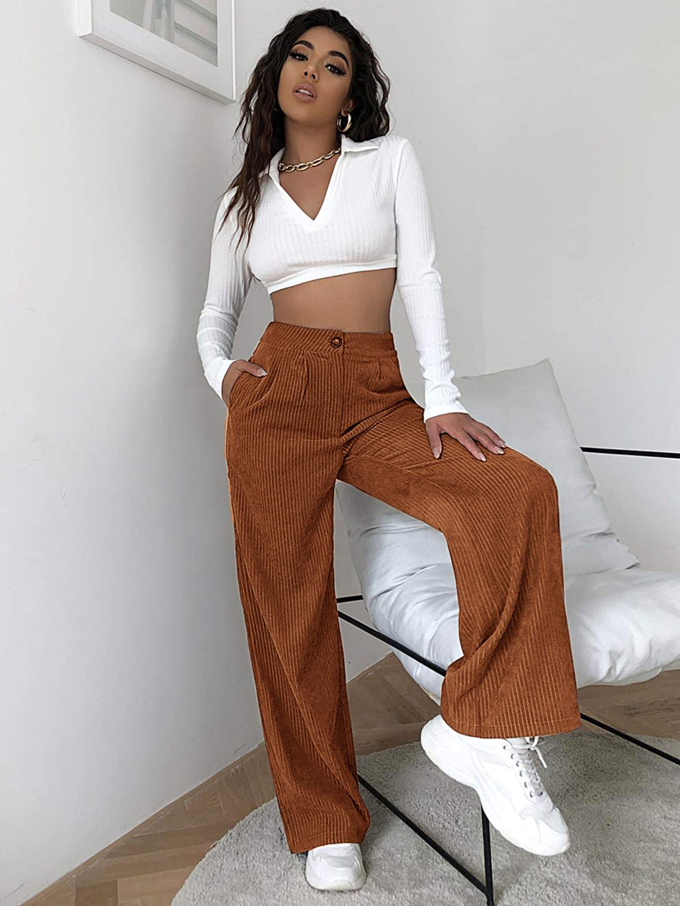 HIGH WAIST CORD WIDE LEG PANTS