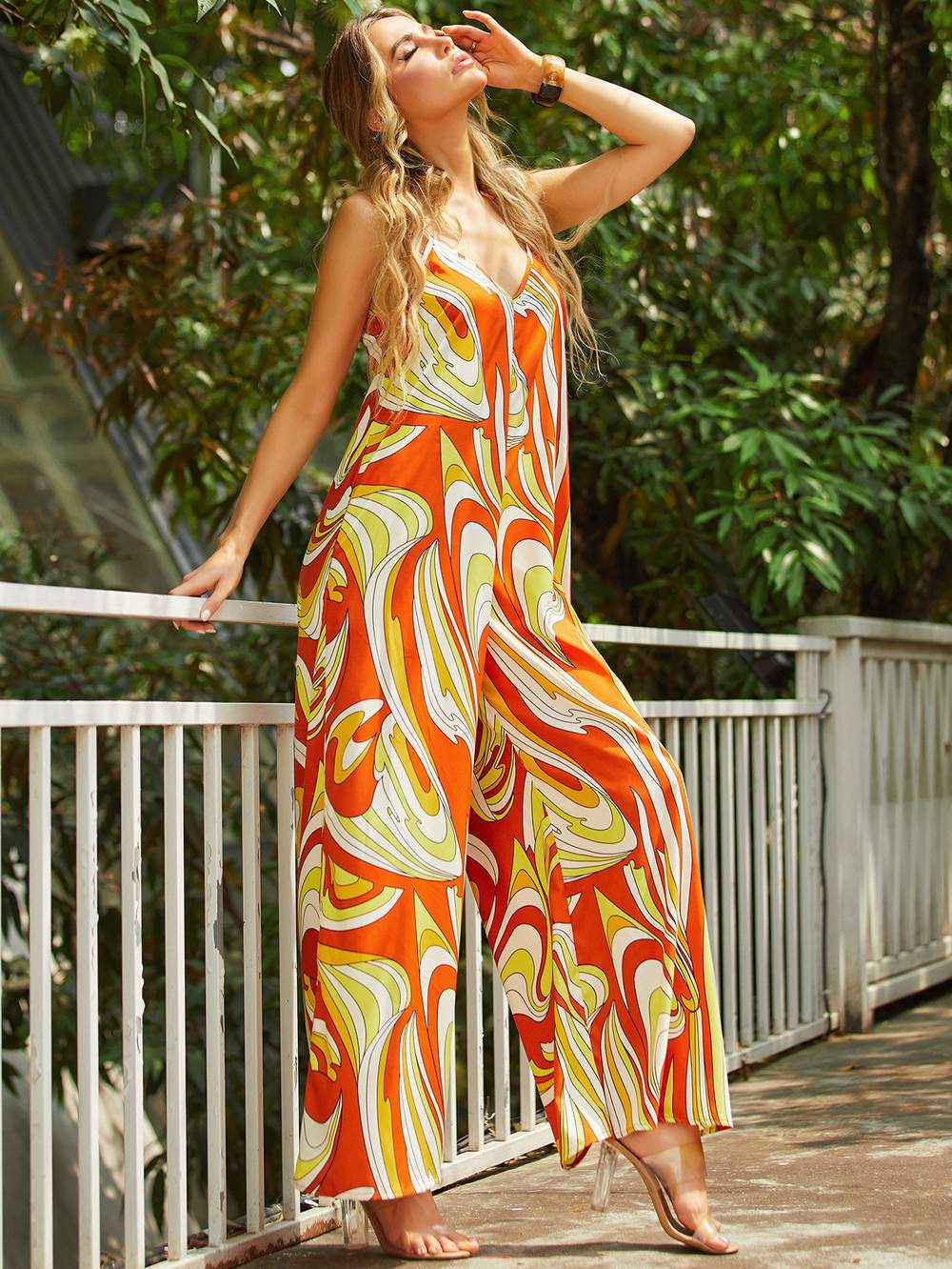 LUUKSE BACKLESS ALL OVER PRINT WIDE LEG CAMI JUMPSUIT