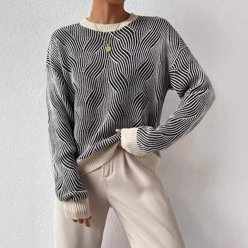 STRIPED LAZY ROUND NECK LOOSE GLUTINOUS SWEATER