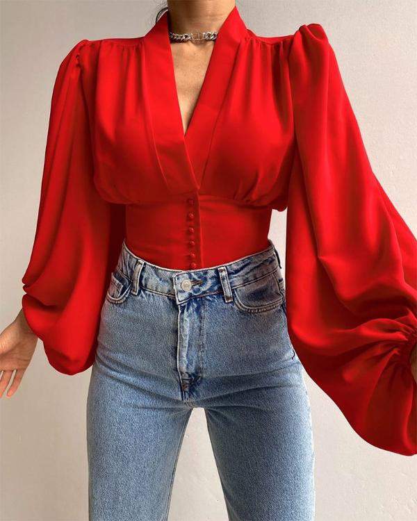 BUTTON FRONT PUFF LANTERN SLEEVE TOP