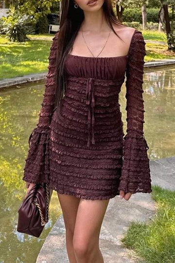 SQUARE NECK LONG FLARE SLEEVE MINI DRESS