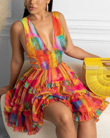 Cami Open Front Frill Hem Tie Dyed Dress