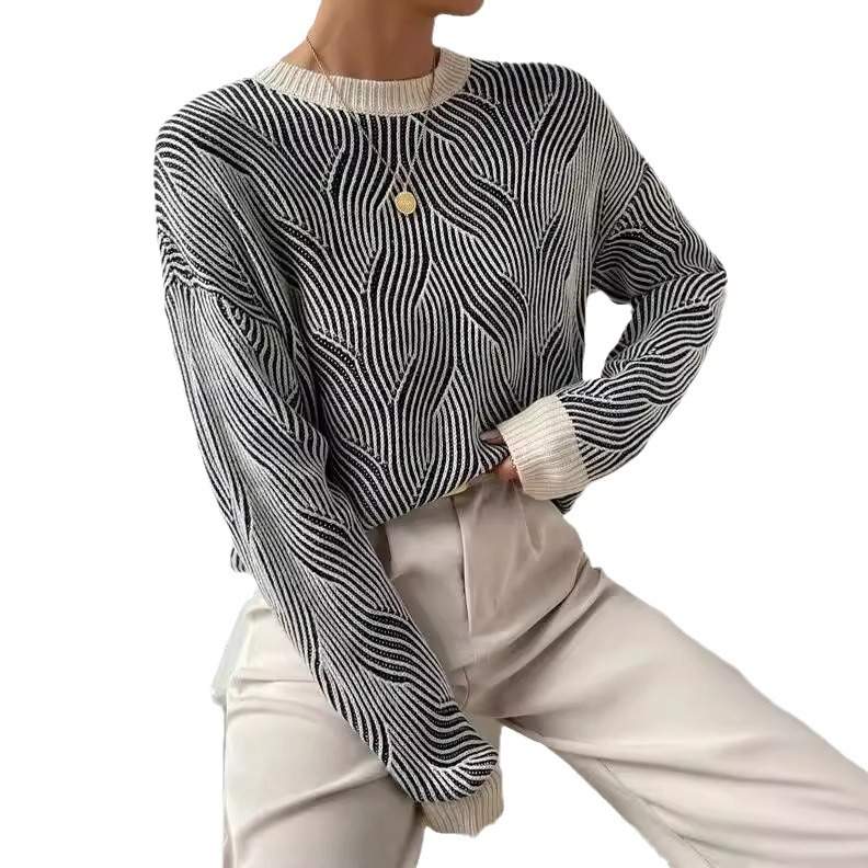 STRIPED LAZY ROUND NECK LOOSE GLUTINOUS SWEATER