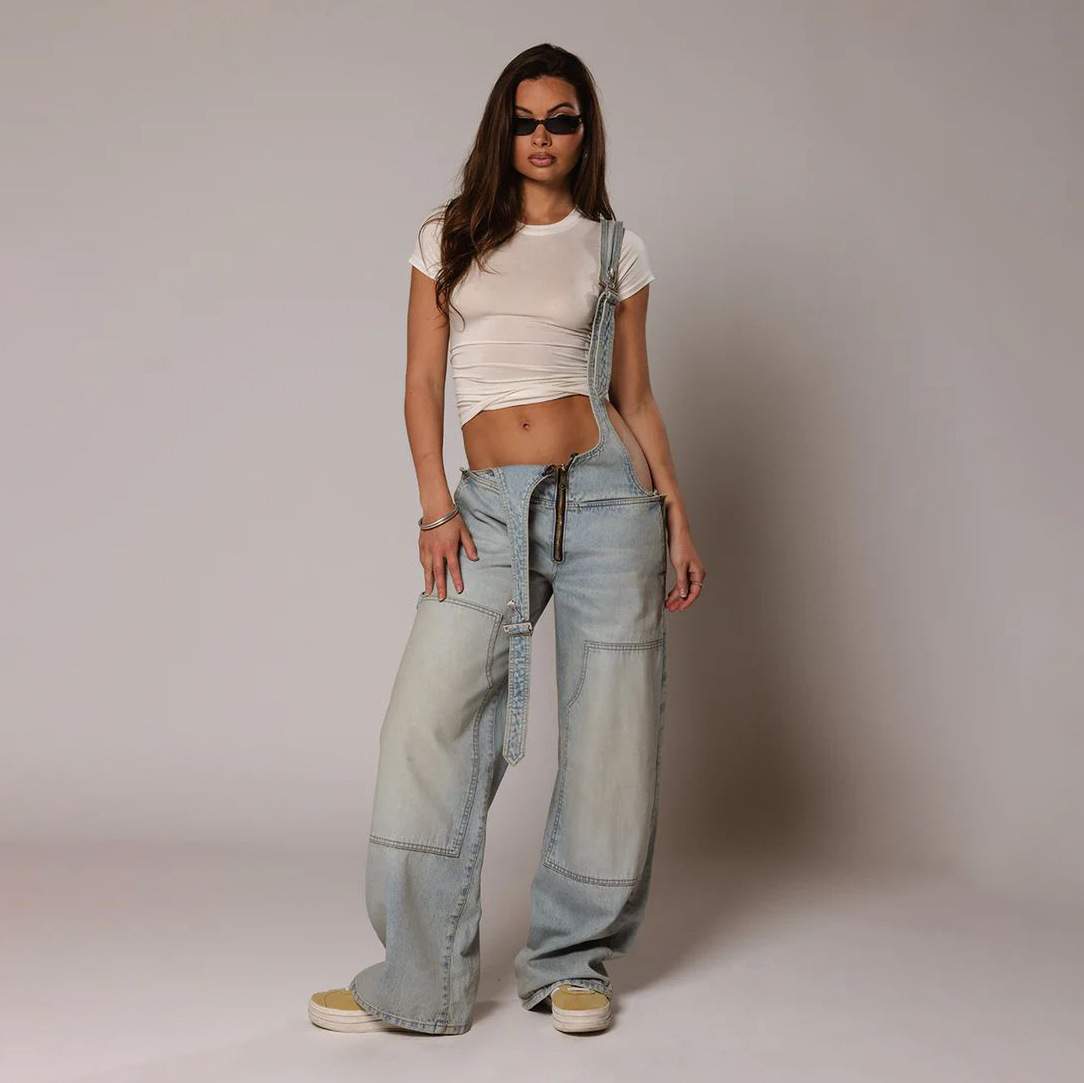  STRAP SIM WIDE LEG JEANS STYLE SPICE GIRL DISTRESSED STRAIGHT PANTS