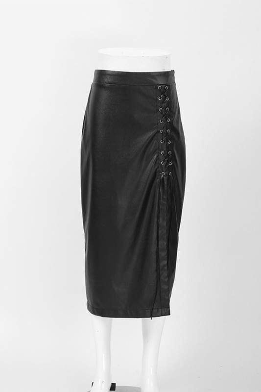 FAUX LEATHER SLIT MIDI SKIRT