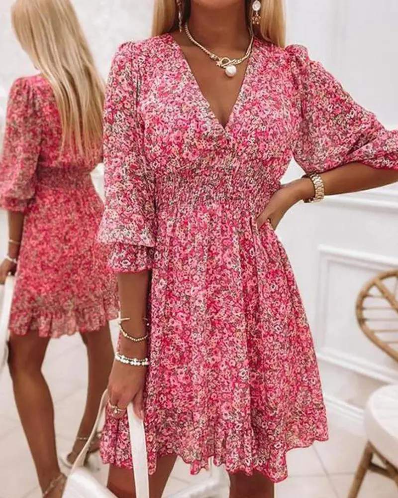 PINK DITSY FLORAL PRINT PUFF SLEEVE RUFFLE HEM SHIRRED DRESS