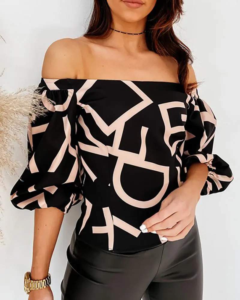 OFF SHOULDER LETTER PRINT LANTERN SLEEVE TOP