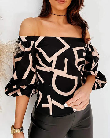 OFF SHOULDER LETTER PRINT LANTERN SLEEVE TOP