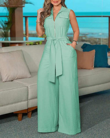 ZIPPER FRONT WIDE LEG JUMPSUIT WITH BELT