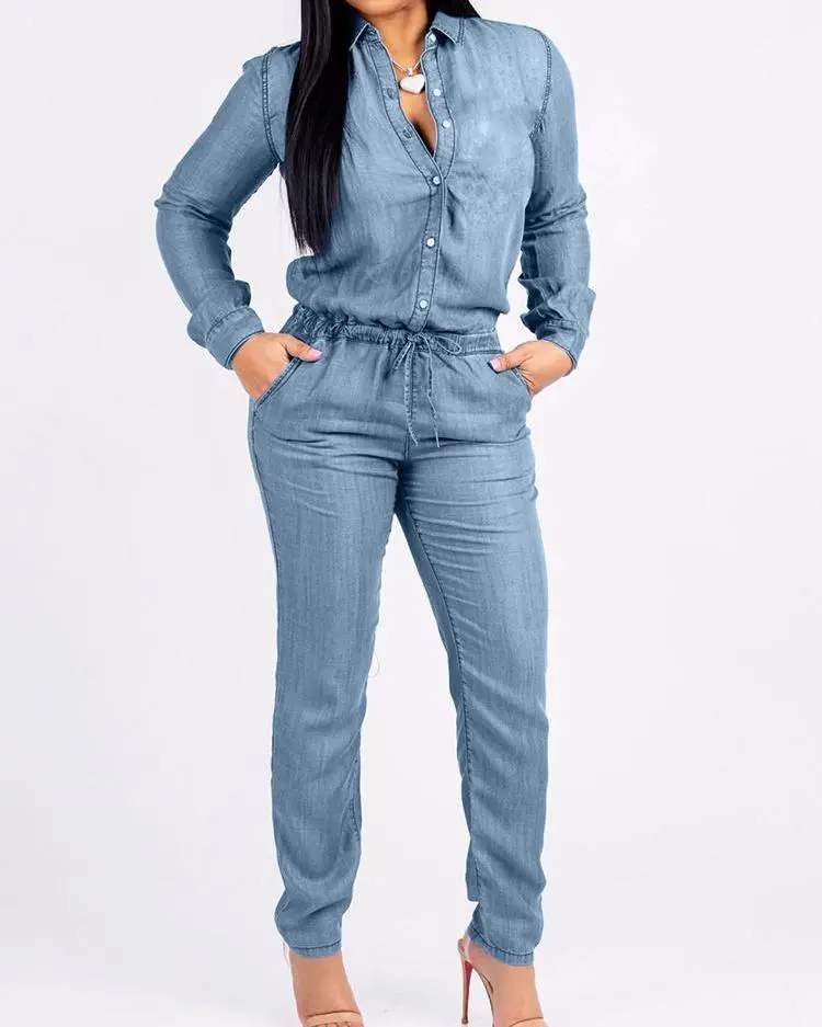 POCKET DESIGN DRAWSTRING DENIM JUMPSUIT