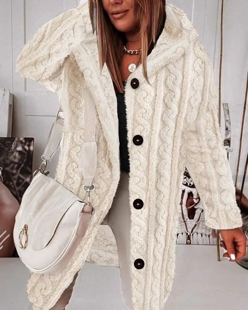 FUZZY TEXTURED BUTTONED FLEECE HOODED COAT