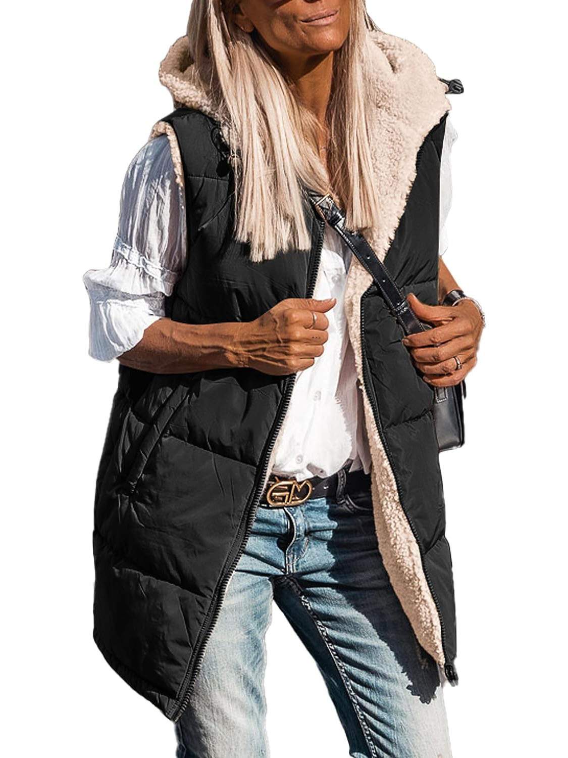 POPULAR SOLID COLOR HOODED COTTON PADDED VEST DOUBLE SIDED WEAR SLIM TEMPERAMENT CARDIGAN COAT TOP