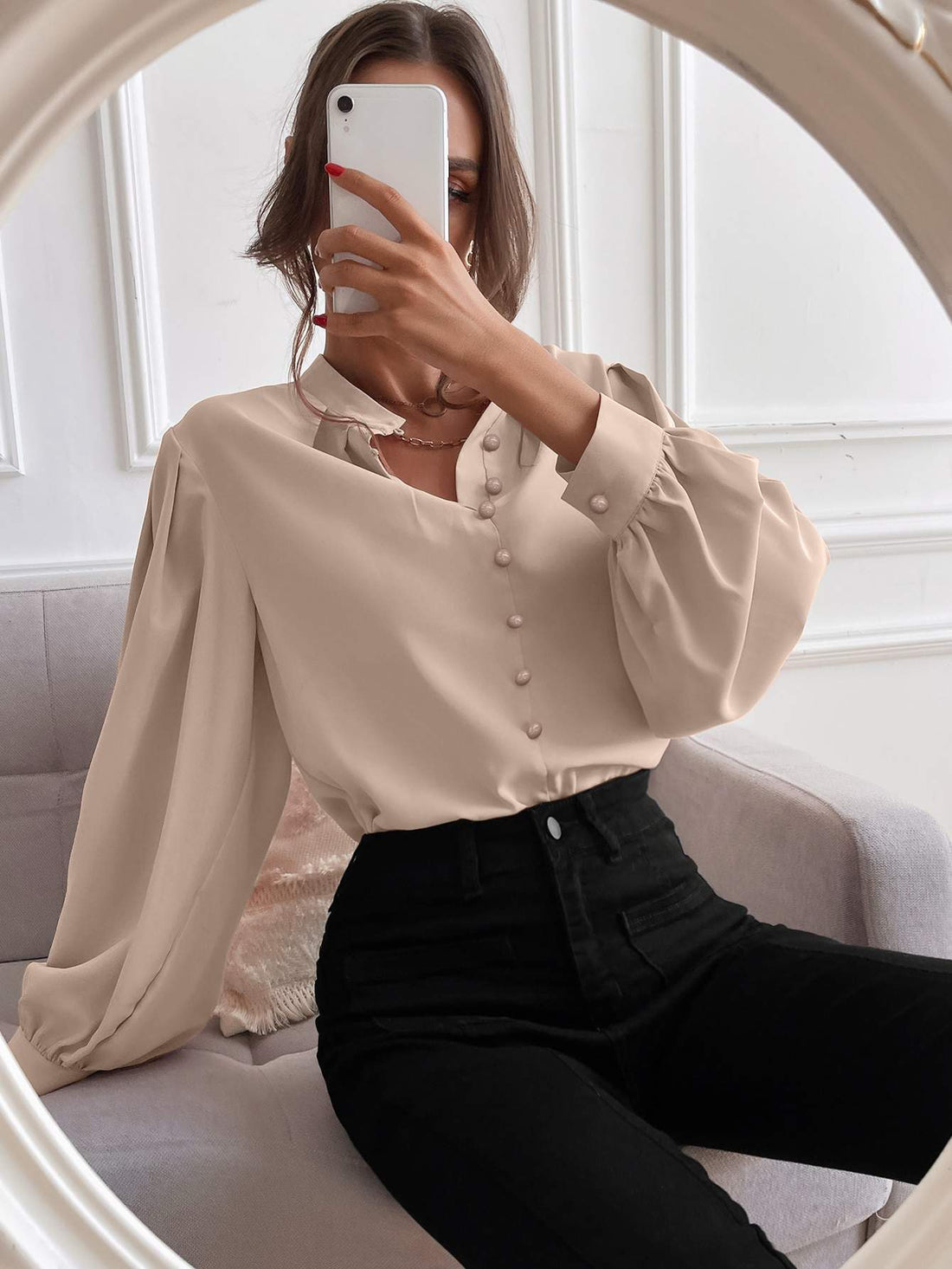 BISHOP SLEEVE BUTTON UP BLOUSE