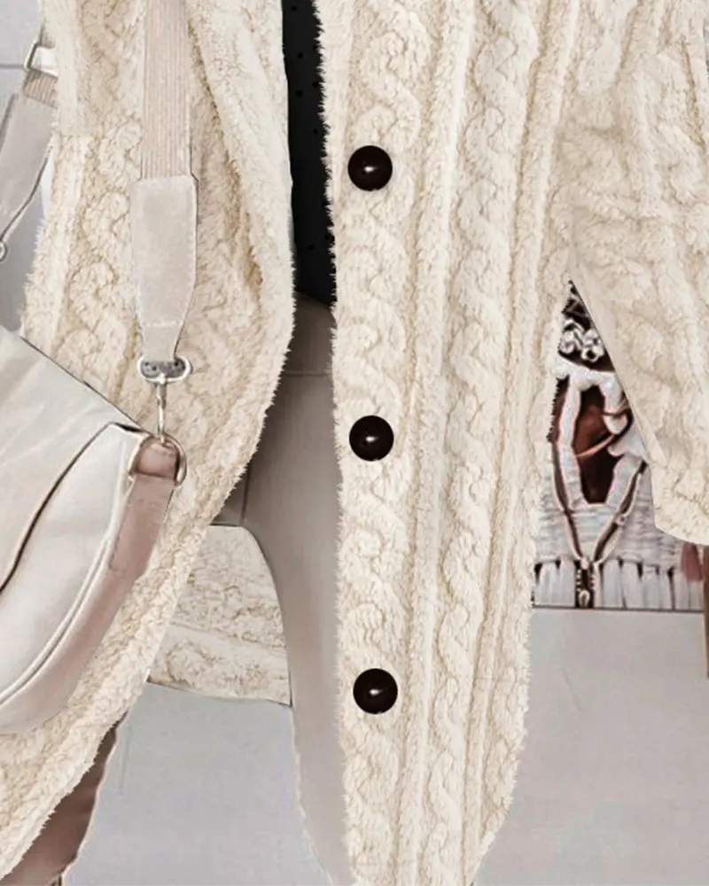 FUZZY TEXTURED BUTTONED FLEECE HOODED COAT