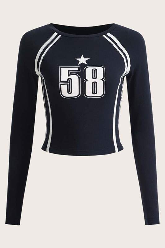 NUMBER PRINT FITTED LONG SLEEVE TOP