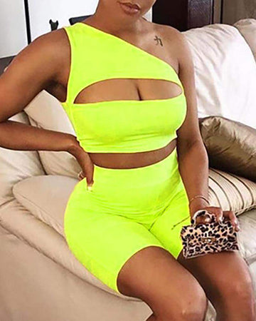 One Shoulder Cutout Front Tank Top Shorts Set