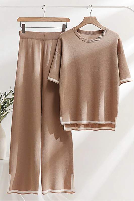 KNIT SHORT SLEEVES AND WIDE LEG PANTS MATCHING SET