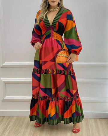 GEOMETRIC PRINT LANTERN SLEEVE MAXI DRESS