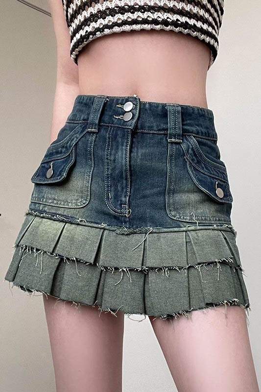 BUTTONED DENIM SKIRT WITH ACID WASH AND POCKETS