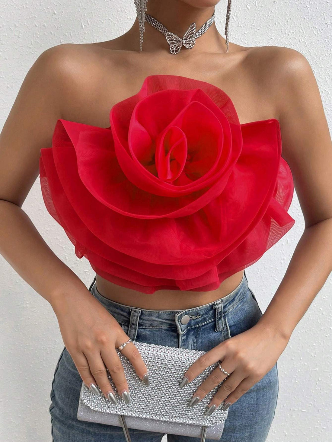 PRIV FLOWER DECOR CROP TUBE TOP