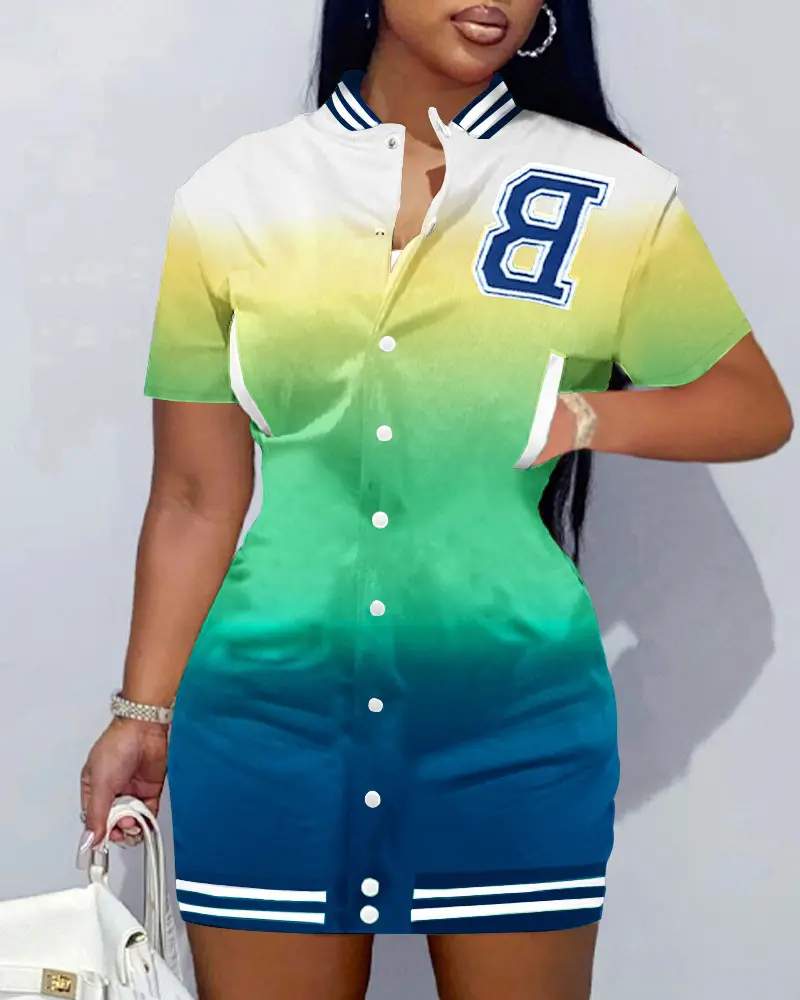 OMBRE LETTER PATCH BASEBALL COLLAR CASUAL DRESS