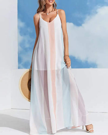 COLORBLOCK STRIPED PRINT CHIFFON CAMI DRESS