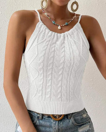 DRAWSTRING SPAGHETTI STRAP BACKLESS CABLE TEXTURED TANK