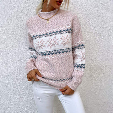  CHRISTMAS TURTLENECK HALF HIGH COLLAR SNOWFLAKE SWEATER WOMEN