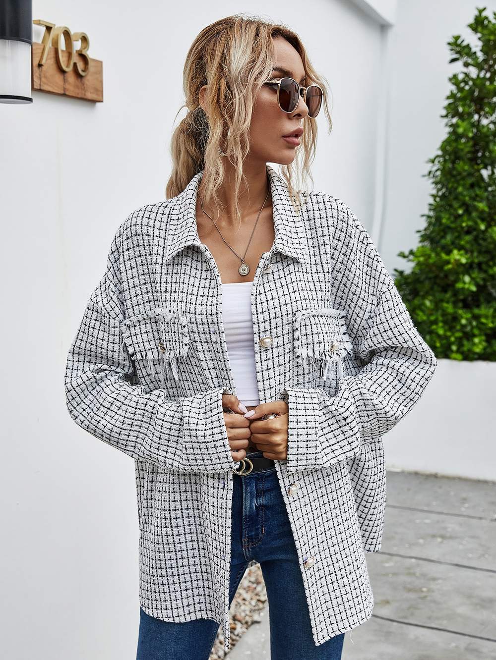 PLAID PRINT SINGLE BREASTED DROP SHOULDER TWEED COAT