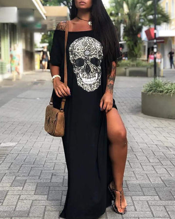 OFF SHOULDER SKULL PRINT SLIT MAXI DRESS