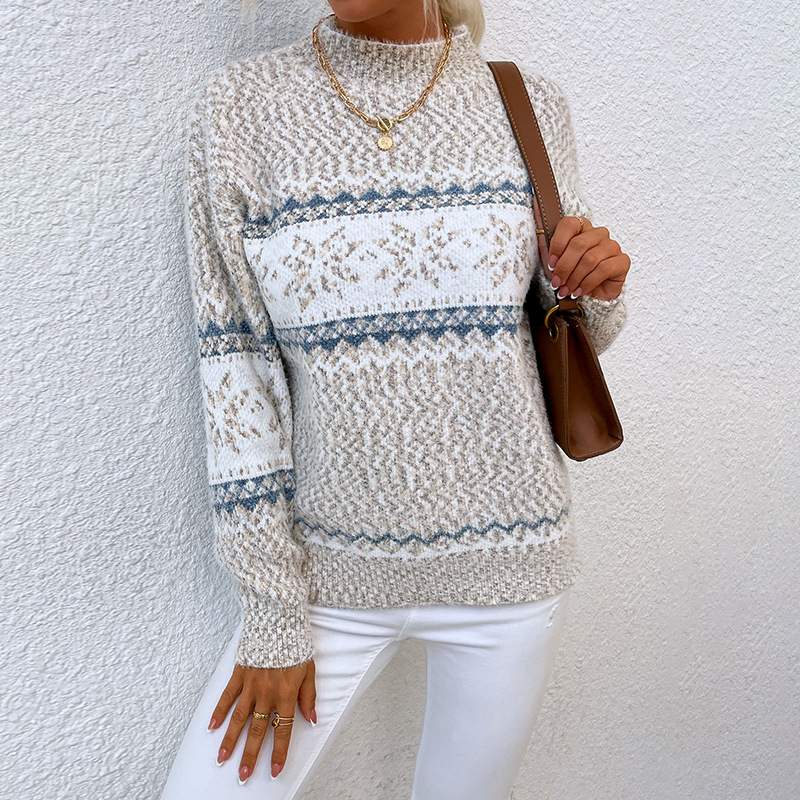  CHRISTMAS TURTLENECK HALF HIGH COLLAR SNOWFLAKE SWEATER WOMEN