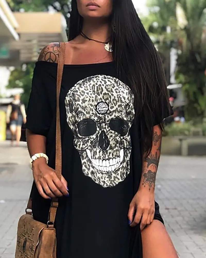 OFF SHOULDER SKULL PRINT SLIT MAXI DRESS