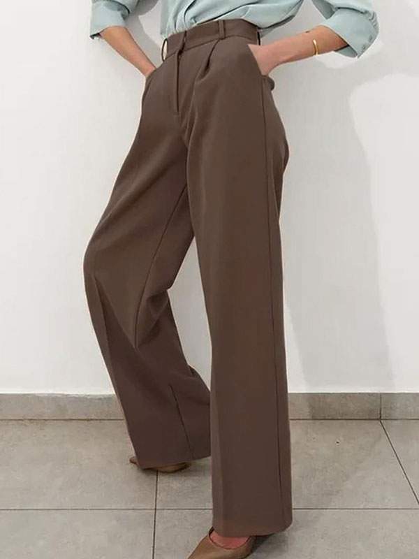 PANTS COFFEE BROWN POLYESTER HIGH RISE WAIST TROUSERS