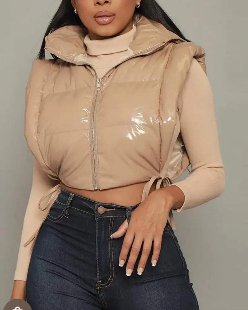 PU LEATHER ZIP UP HOODED GILET PUFFER JACKET